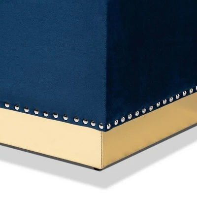 Powell Velvet Fabric Upholstered And PU Leather Ottoman Gold/Blue - Baxton Studio 7 Powell Velvet Fabric Upholstered And PU Leather Ottoman Gold/Blue - Baxton Studio - Image 5