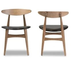 Set Of 2 Edna Mid-Century Modern French Black Faux Leather & Oak Light Brown Finishing Wood Dining Chairs - Baxton Studio