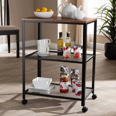 Verna Metal And Wood Kitchen Serving Cart Oak Brown/Black - Baxton Studio 6 Verna Metal And Wood Kitchen Serving Cart Oak Brown/Black - Baxton Studio - Image 4