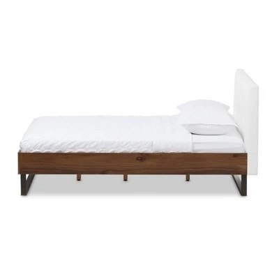 King Mitchell Rustic Industrial Walnut Wood And Faux Leather Metal Platform Bed White - Baxton Studio 4 King Mitchell Rustic Industrial Walnut Wood And Faux Leather Metal Platform Bed White - Baxton Studio - Image 2