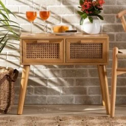 Falan Wood With Rattan 2 Drawer Console Table Oak Brown - Baxton Studio -Home Furniture Shop-Baxton Studio GUEST ae6da549 ae77 449f bc55 3c28e7889ca3