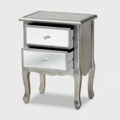 Leonie Wood And Mirrored Glass 2 Drawer Nightstand Silver - Baxton Studio