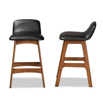 2pc Darrin Faux Leather And Wood Counter Height Barstools Black/Walnut/Brown - Baxton Studio 4 2pc Darrin Faux Leather And Wood Counter Height Barstools Black/Walnut/Brown - Baxton Studio - Image 2