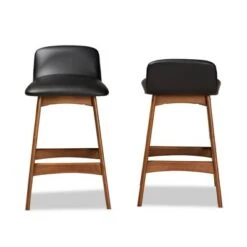 2pc Darrin Faux Leather And Wood Counter Height Barstools Black/Walnut/Brown - Baxton Studio