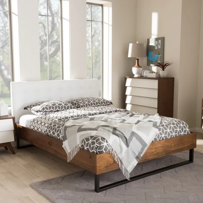 King Mitchell Rustic Industrial Walnut Wood And Faux Leather Metal Platform Bed White - Baxton Studio 9 King Mitchell Rustic Industrial Walnut Wood And Faux Leather Metal Platform Bed White - Baxton Studio - Image 7