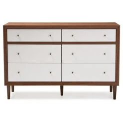 Harlow Mid-Century Modern Scandinavian Style Wood 6 Drawer Storage Dresser White/Walnut - Baxton Studio