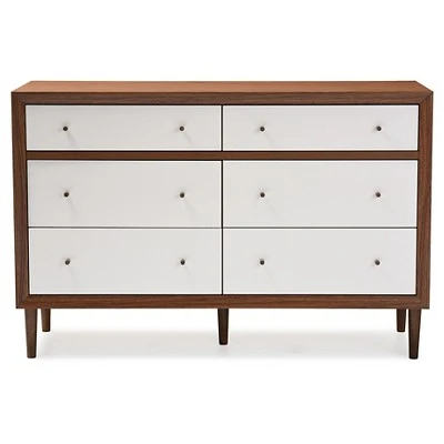 Harlow Mid-Century Modern Scandinavian Style Wood 6 Drawer Storage Dresser White/Walnut - Baxton Studio 3 Harlow Mid-Century Modern Scandinavian Style Wood 6 Drawer Storage Dresser White/Walnut - Baxton Studio