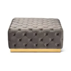 Verene Velvet Upholstered Square Cocktail Ottoman Gray/Gold - Baxton Studio