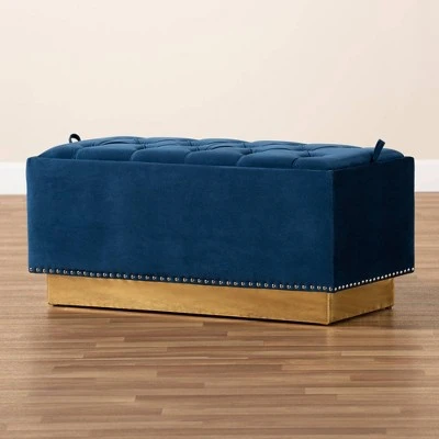 Powell Velvet Fabric Upholstered And PU Leather Ottoman Gold/Blue - Baxton Studio 10 Powell Velvet Fabric Upholstered And PU Leather Ottoman Gold/Blue - Baxton Studio - Image 8