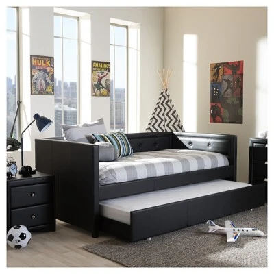 Frank Modern And Contemporary Faux Leather Button - Tufting Sofa Daybed With Roll - Out Trundle Guest Bed - Twin - Baxton Studio 10 Frank Modern And Contemporary Faux Leather Button - Tufting Sofa Daybed With Roll - Out Trundle Guest Bed - Twin - Baxton Studio - Image 8