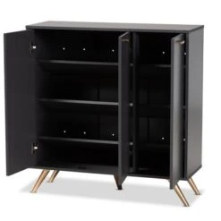 Kelson Wood 3 Door Cabinet Dark Gray/Gold - Baxton Studio