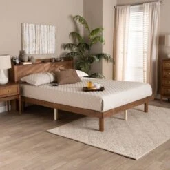 Decker Wood Platform Bed With Charging Station Walnut Brown - Baxton Studio