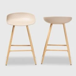 Set Of 2 Mairi Plastic And Wood Counter Height Barstools Beige/Natural - Baxton Studio