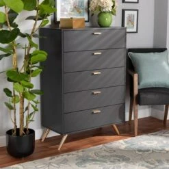 Kelson Wood 5 Drawer Chest Dark Gray/Gold - Baxton Studio -Home Furniture Shop-Baxton Studio GUEST ba7266d0 7218 4369 9ffb 827bcc1929d3