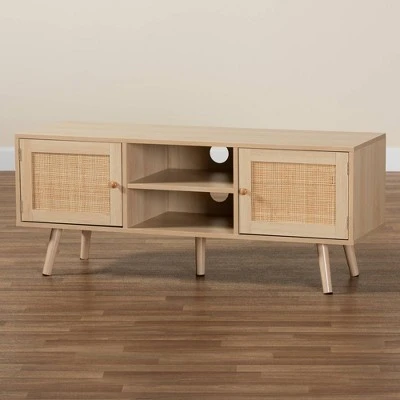 Sebille Wood With Natural Rattan 2 Door TV Stand For TVs Up To 45" Light Brown - Baxton Studio 10 Sebille Wood With Natural Rattan 2 Door TV Stand For TVs Up To 45" Light Brown - Baxton Studio - Image 8