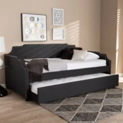 Twin Ally Fabric Upholstered Sofa Daybed With Roll Out Trundle Guest Bed Dark Gray - Baxton Studio 16 Twin Ally Fabric Upholstered Sofa Daybed With Roll Out Trundle Guest Bed Dark Gray - Baxton Studio -Home Furniture Shop-Baxton Studio GUEST bfa97667 11b7 4b9e a01d b256b0c5ef67