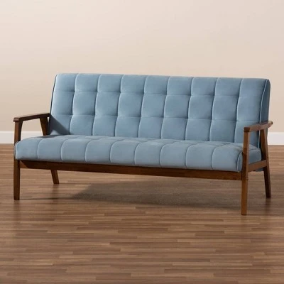 Asta Velvet Upholstered Wood Sofa Light Blue/Walnut - Baxton Studio 9 Asta Velvet Upholstered Wood Sofa Light Blue/Walnut - Baxton Studio - Image 7
