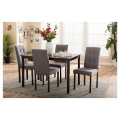 5pc Andrew Modern And Contemporary Fabric Upholstered Grid Tufting Dining Set Dark Brown/Gray - Baxton Studio