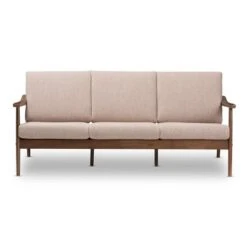 Venza Mid-Modern Walnut Wood Fabric Upholstered 3 Seater Sofa Light Brown - Baxton Studio