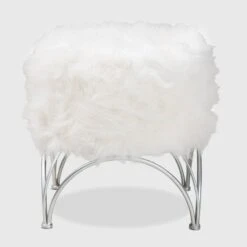 Celia Faux Fur Upholstered Silver Metal Ottoman White/Silver - Baxton Studio