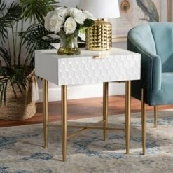 Marcin Wood And Metal 1 Drawer Nightstand White/Gold - Baxton Studio