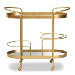 Kamal Glam Brushed Metal And Mirrored Glass 2 Tier Mobile Wine Bar Cart Gold - Baxton Studio