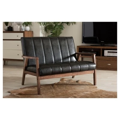 Nikko Mid-Century Modern Scandinavian Style Faux Leather Wooden 2 Seater Loveseat - Baxton Studio 5 Nikko Mid-Century Modern Scandinavian Style Faux Leather Wooden 2 Seater Loveseat - Baxton Studio - Image 3