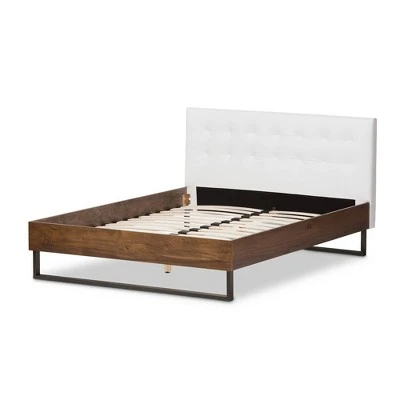 King Mitchell Rustic Industrial Walnut Wood And Faux Leather Metal Platform Bed White - Baxton Studio 5 King Mitchell Rustic Industrial Walnut Wood And Faux Leather Metal Platform Bed White - Baxton Studio - Image 3