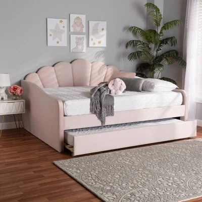 Queen Timila Velvet Fabric Upholstered Daybed With Trundle Light Pink - Baxton Studio 12 Queen Timila Velvet Fabric Upholstered Daybed With Trundle Light Pink - Baxton Studio - Image 10