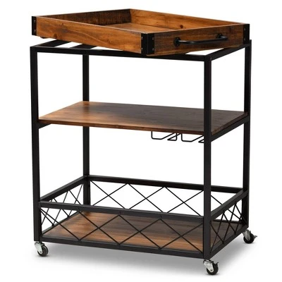 Capri Oak And Finished Mobile Metal Bar Cart With Stemware Rack Brown - Baxton Studio 11 Capri Oak And Finished Mobile Metal Bar Cart With Stemware Rack Brown - Baxton Studio - Image 9