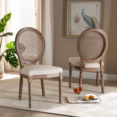 Set Of 2 Louis Fabric Upholstered With Rattan And Wood Dining Chairs Beige/Brown - Baxton Studio 3 Set Of 2 Louis Fabric Upholstered With Rattan And Wood Dining Chairs Beige/Brown - Baxton Studio