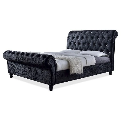 Castello Velvet Upholstered Faux Crystal - Buttoned Sleigh Platform Bed - Baxton Studio 6 Castello Velvet Upholstered Faux Crystal - Buttoned Sleigh Platform Bed - Baxton Studio - Image 4