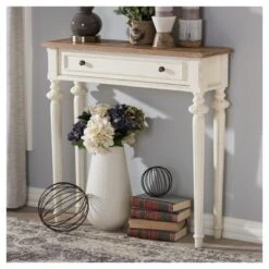 Marquetterie French Provincial Style Weathered Oak Wash And Distressed Wood Finish Two - Tone Console Table - White - Baxton Studio -Home Furniture Shop-Baxton Studio GUEST d46a293a 4a48 46be a4ed ddcf14fae82f