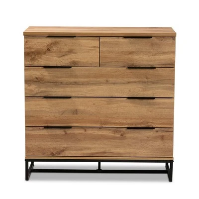 Franklin Wood And Metal 5 Drawer Bedroom Chest Oak/Black - Baxton Studio 4 Franklin Wood And Metal 5 Drawer Bedroom Chest Oak/Black - Baxton Studio - Image 2