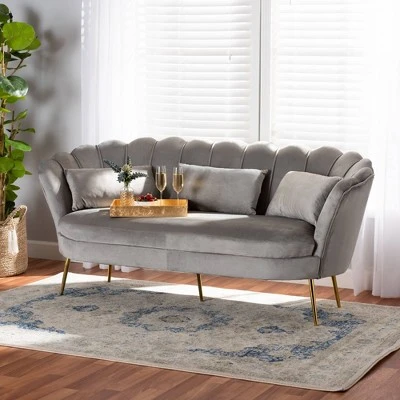 Genia Velvet Fabric Upholstered And Metal Sofa Gray/Gold - Baxton Studio 6 Genia Velvet Fabric Upholstered And Metal Sofa Gray/Gold - Baxton Studio - Image 4