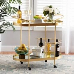 Kamal Glam Brushed Metal And Mirrored Glass 2 Tier Mobile Wine Bar Cart Gold - Baxton Studio -Home Furniture Shop-Baxton Studio GUEST d97d153f 9a72 407e 8820 5274887d8b57
