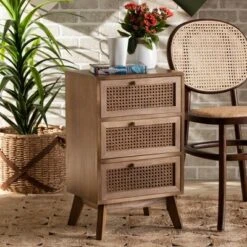 Baden Wood With Rattan 3 Drawer Nightstand Walnut Brown - Baxton Studio -Home Furniture Shop-Baxton Studio GUEST db9ff764 236c 4b65 86f0 aef389ef3331