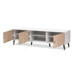 Bastien Light Oak 6 Shelf TV Stand For TVs Up To 60" White/Brown - Baxton Studio -Home Furniture Shop-Baxton Studio GUEST dbb88118 4d26 49b0 b12b 4fa9618b11d1