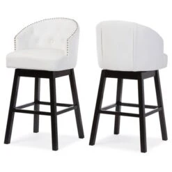 Set Of 2 Avril Modern And Contemporary Faux Leather Tufted Swivel Barstool With Nail Heads Trim - White - Baxton Studio