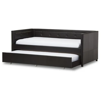 Frank Modern And Contemporary Faux Leather Button - Tufting Sofa Daybed With Roll - Out Trundle Guest Bed - Twin - Baxton Studio 3 Frank Modern And Contemporary Faux Leather Button - Tufting Sofa Daybed With Roll - Out Trundle Guest Bed - Twin - Baxton Studio