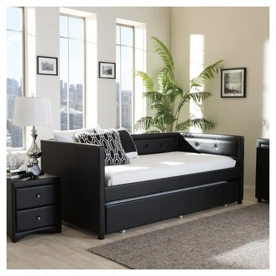 Frank Modern And Contemporary Faux Leather Button - Tufting Sofa Daybed With Roll - Out Trundle Guest Bed - Twin - Baxton Studio 5 Frank Modern And Contemporary Faux Leather Button - Tufting Sofa Daybed With Roll - Out Trundle Guest Bed - Twin - Baxton Studio - Image 3