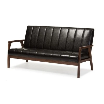 Nikko Mid-Century Modern Scandinavian Style Faux Leather Wooden 3 Seater Sofa - Baxton Studio 7 Nikko Mid-Century Modern Scandinavian Style Faux Leather Wooden 3 Seater Sofa - Baxton Studio - Image 5