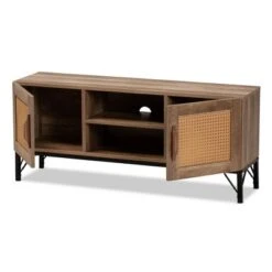 Veanna Bohemian Natural Wood And Metal 2 Door Synthetic Rattan TV Stand For TVs Up To 40" Brown/Black - Baxton Studio