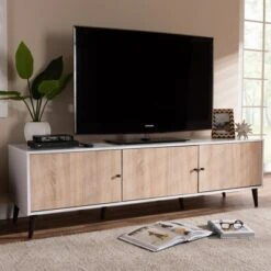 Bastien Light Oak 6 Shelf TV Stand For TVs Up To 60" White/Brown - Baxton Studio -Home Furniture Shop-Baxton Studio GUEST e055fbee cd2f 44eb ad55 f0a43ac8f279
