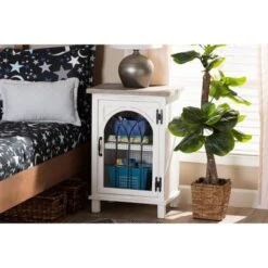 Faron Wood 1 Door Nightstand White/Oak Brown - Baxton Studio -Home Furniture Shop-Baxton Studio GUEST e3e81f02 2800 45fb 8dc1 c1b885fbace2