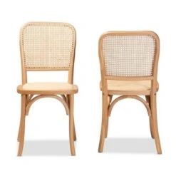 2pc Neah Woven Rattan And Wood Cane Dining Chair Set Brown - Baxton Studio