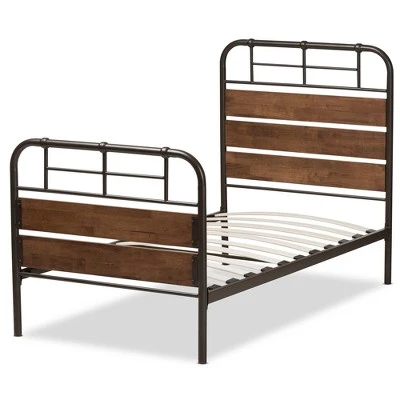 Twin Monoco Rustic Industrial Finished Metal Wood Platform Bed Brown - Baxton Studio 4 Twin Monoco Rustic Industrial Finished Metal Wood Platform Bed Brown - Baxton Studio - Image 2