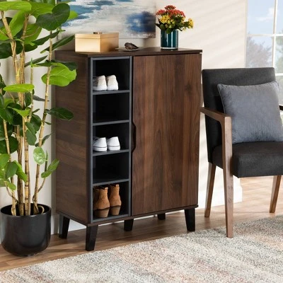 Idina Mid-Century Wood 1 Door Shoe Cabinet Dark Brown/Gray - Baxton Studio 8 Idina Mid-Century Wood 1 Door Shoe Cabinet Dark Brown/Gray - Baxton Studio - Image 6