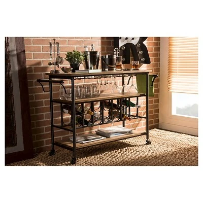Bradford Rustic Industrial Style Antique Black & Metal Distressed Wood Mobile Kitchen Bar Serving Wine Cart - Baxton Studio 4 Bradford Rustic Industrial Style Antique Black & Metal Distressed Wood Mobile Kitchen Bar Serving Wine Cart - Baxton Studio - Image 3