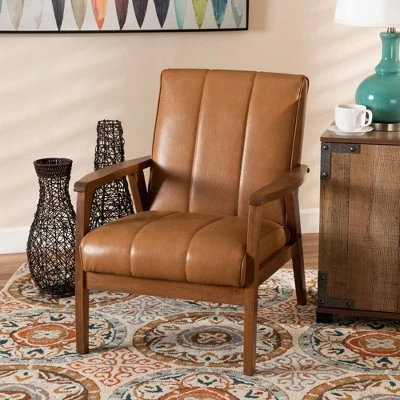 Nikko Mid-Century Faux Leather Upholstered Wood Lounge Chair Walnut/Brown - Baxton Studio 8 Nikko Mid-Century Faux Leather Upholstered Wood Lounge Chair Walnut/Brown - Baxton Studio - Image 6